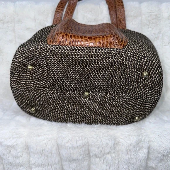 Eric Javits Woven Tote Bag Brown Tan Crocodile Trim Top Handle - Picture 5 of 11